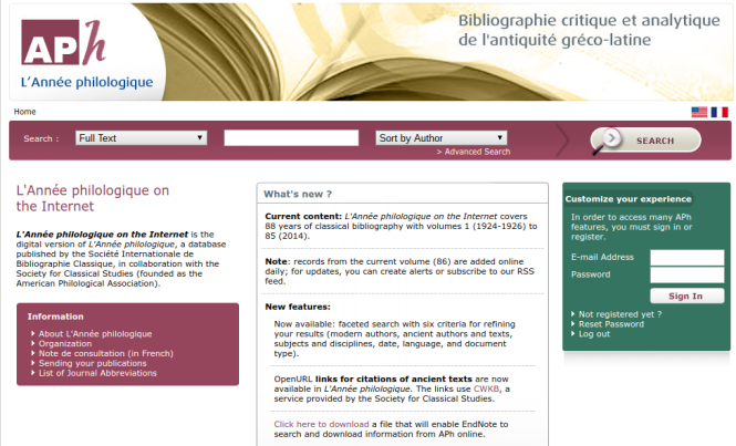 l'annee philologique (also called a p h) online, main page